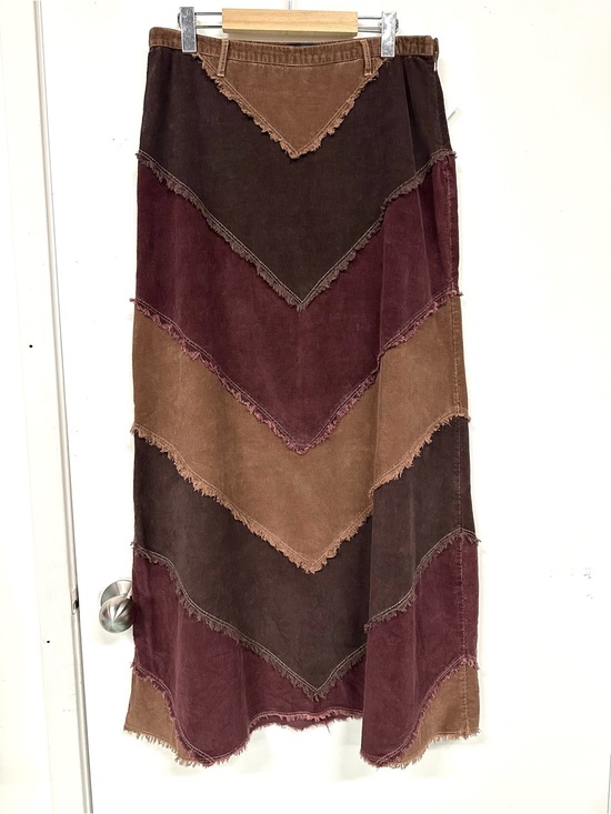 Armor Jeans Dresses & Skirts - Corduroy Chevron Patchwork Maxi Skirt Armor Jeans Brown Tan Wine Boho Raw Hem